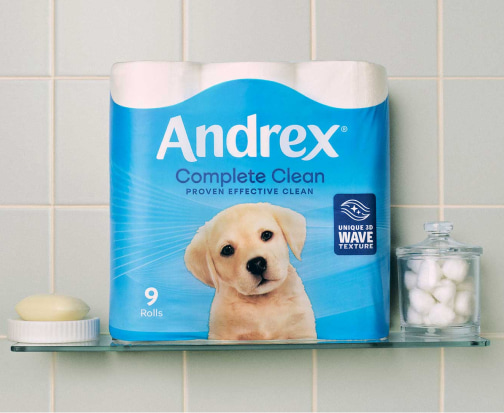 Product range shot on a bathroom shelf