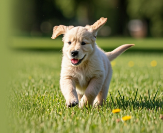 Labrador puppy running on grass