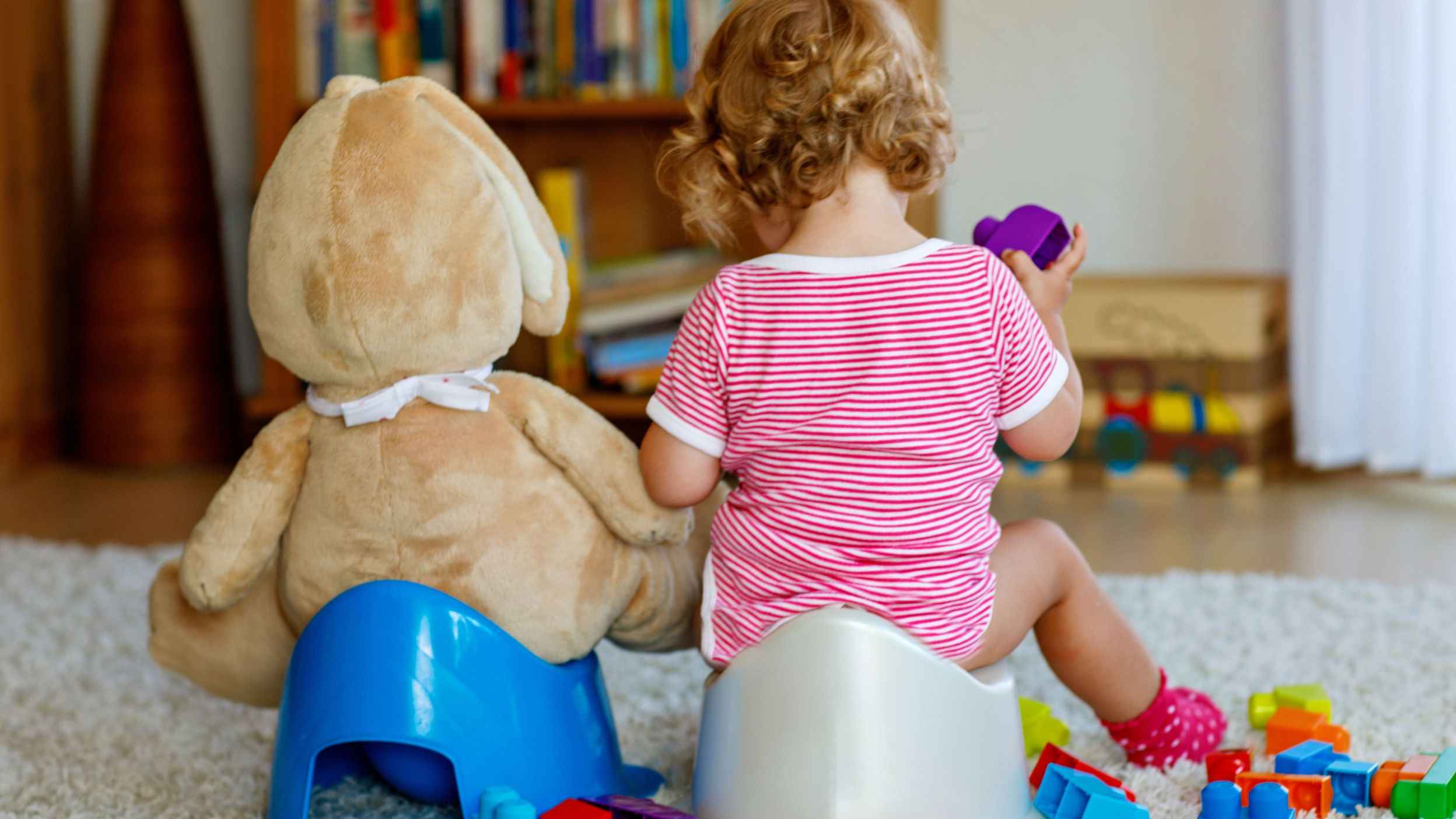 A toddler sitting on a potty and holding her teddy on another potty